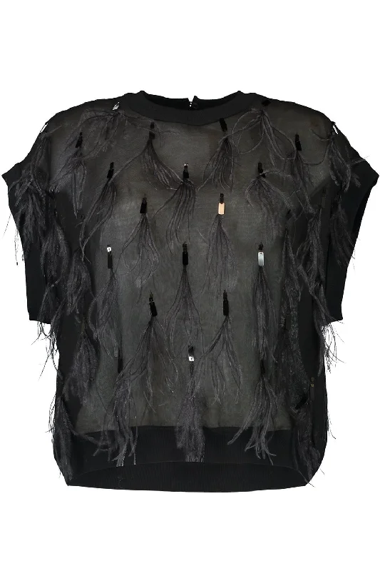 Feather Embellished Blouse - Black