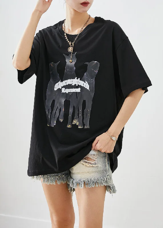 Elegant Black Oversized Print Cotton Tops Summer