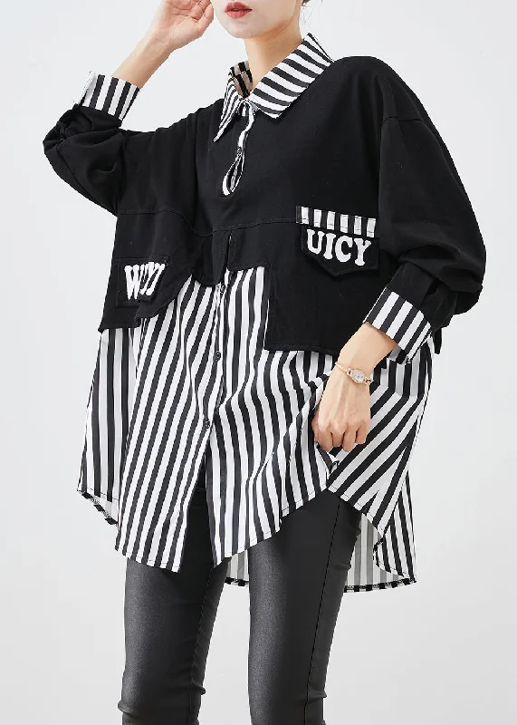 Women Black Oversized Patchwork Striped Cotton Sweatshirts Top Fall