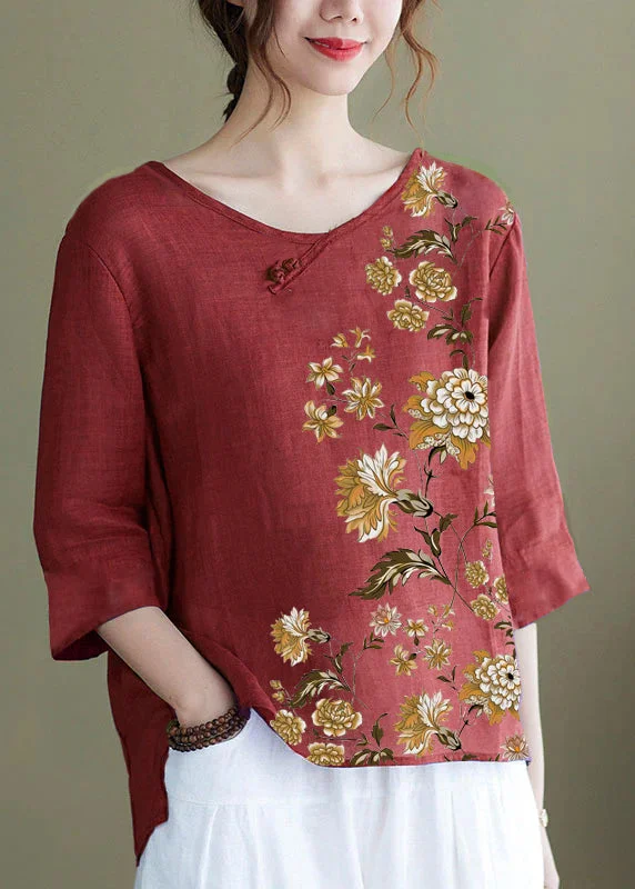 DIY Red Embroidered Side Open Half Sleeve Top