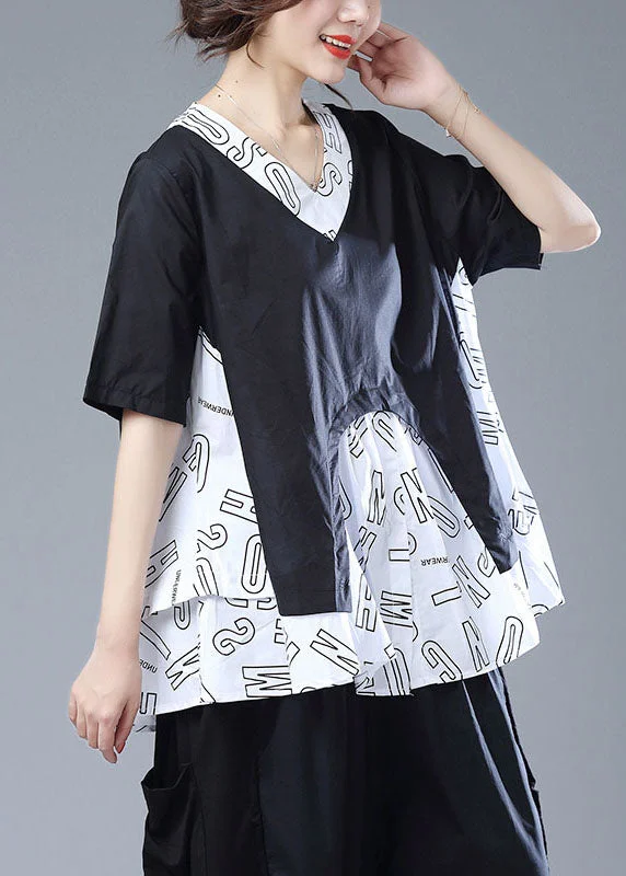 White Patchwork Cotton T Shirt Top V Neck Print Short Sleeve