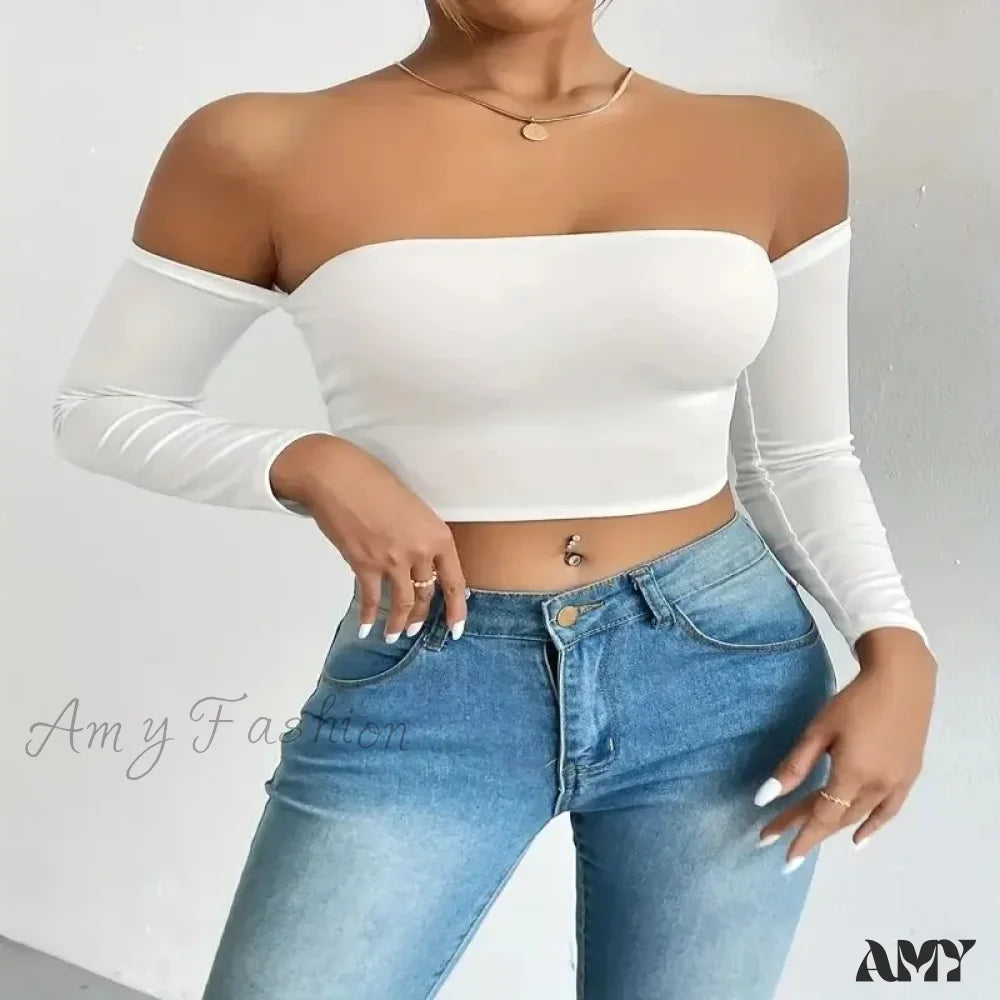 Off Shoulder Long Sleeve Casual Spring Fall Women's Crop Top