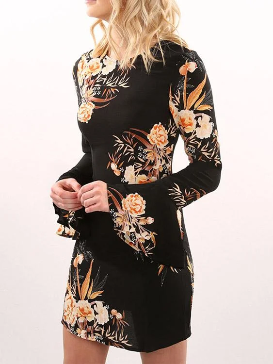 Wholesale Round Neck Long Sleeve Floral Print Mini Dresses