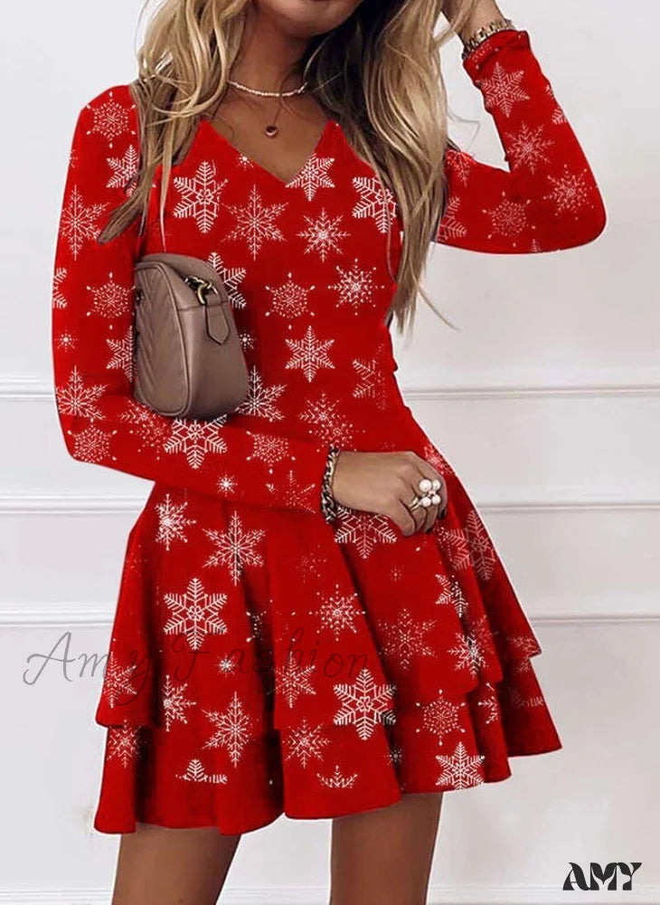 Amy Fashion - Long Sleeve V-neck Snowflake Print Dresses