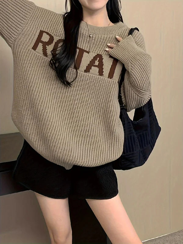 Sixsr Letter Pattern Crew Neck Pullover Sweater, Casual Long Sleeve Drop Shoulder Sweater, Women's Clothing