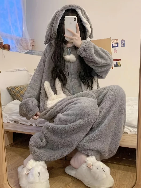 Sixsr Cartoon Bunny Fuzzy Hooded Jumpsuit, Cute Long Sleeve Zipper Pajamas, Women's Sleepwear & Loungewear