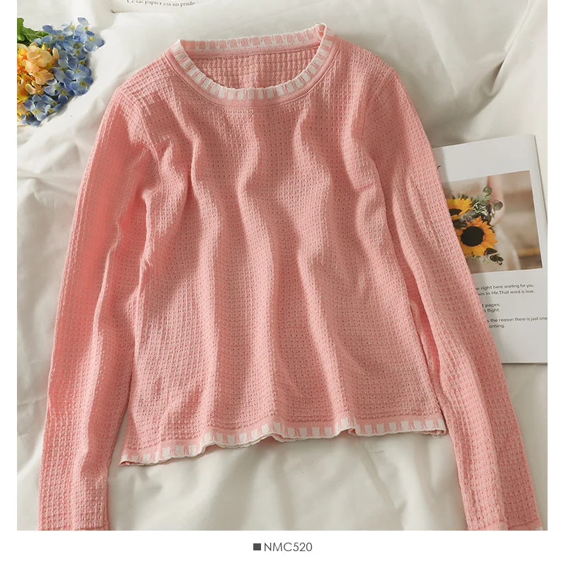 Slim and slim round neck sweater top women's new color matching bottom shirt  2040