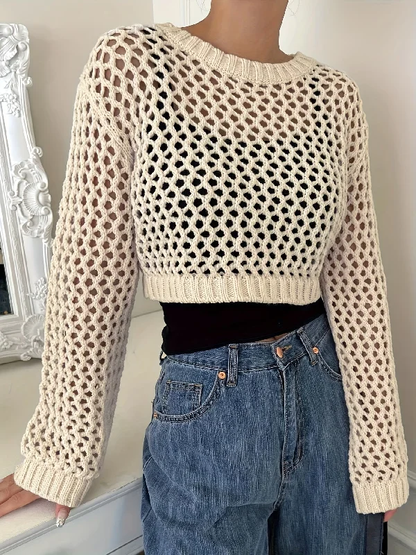 Sixsr Solid Hollow Out Crochet Coverup, Elegant Long Sleeve Crop Top For Spring & Summer, Women's Clothing