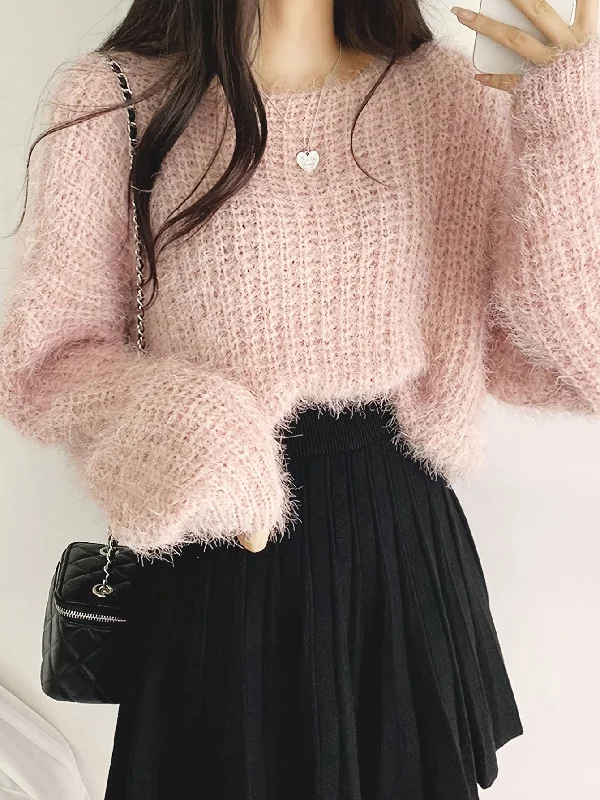 Sixsr Solid Color Crew Neck Pullover Sweater, Casual Loose Long Sleeve Knitted Crop Sweater For Fall & Winter, Women's Clothing