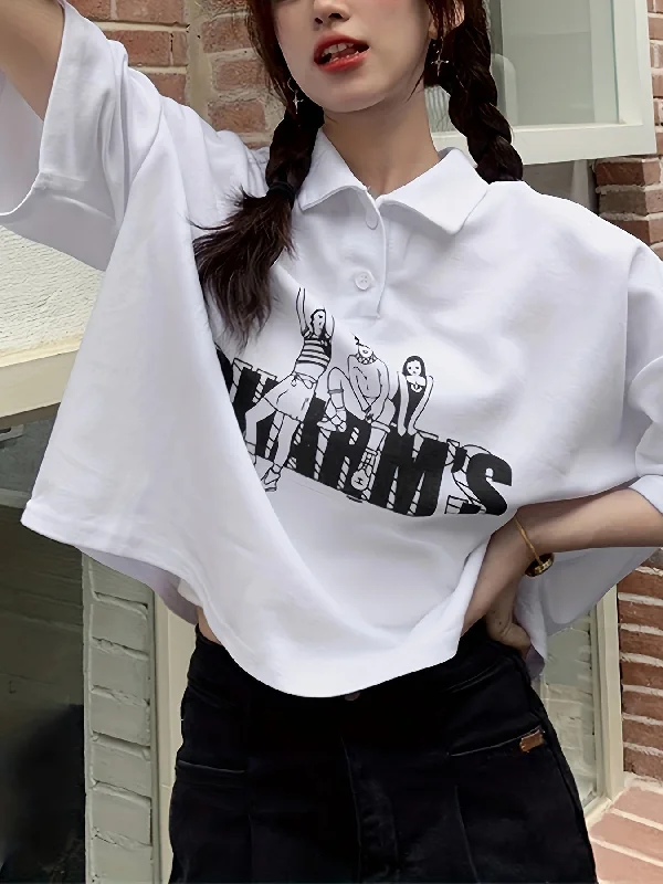 Sixsr Figure & Letter Print Button Front T-Shirt, Casual Short Sleeve Lapel T-Shirt For Spring & Summer, Women's Clothing