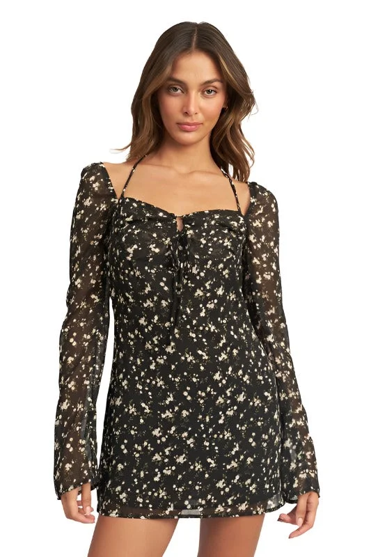 FLORAL LONG SLEEVE DRESS WITH HALTER DETAIL