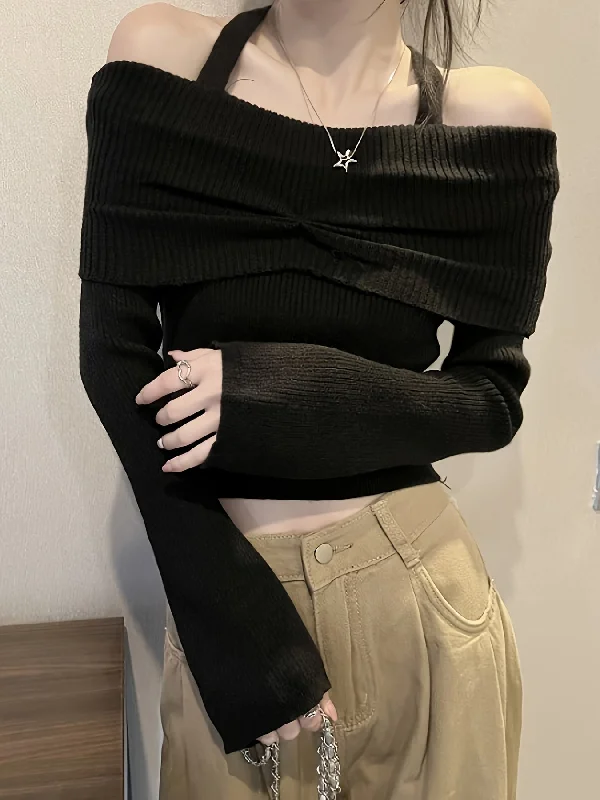 Sixsr Solid Color Halter Neck Pullover Sweater, Casual Long Sleeve Off Shoulder Sweater For Fall & Winter, Women's Clothing