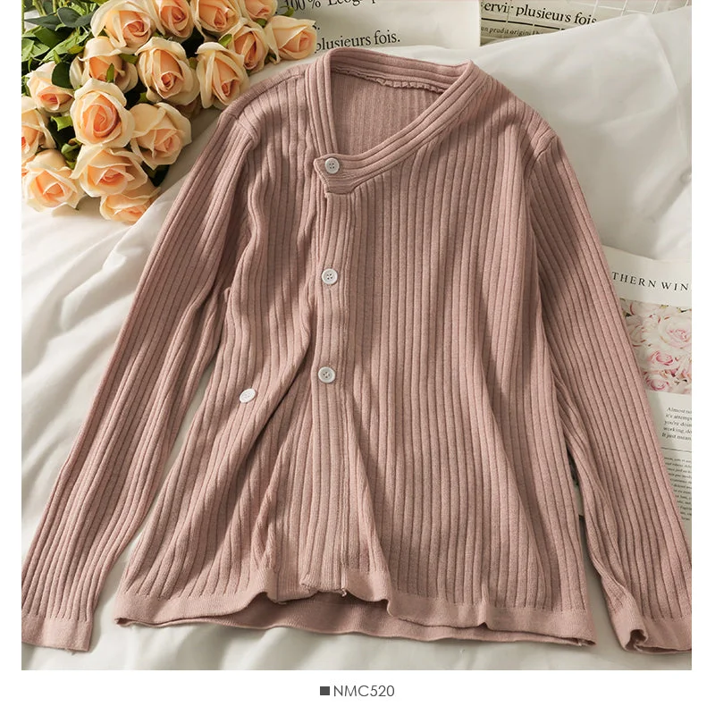 Han Fan irregular single breasted V-Neck long sleeve sweater female  2038