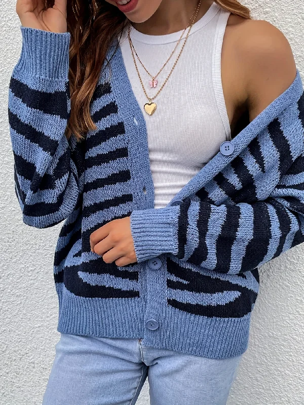 Sixsr Striped Button Down Knit Cardigan, Casual V Neck Long Sleeve Sweater, Women's Clothing