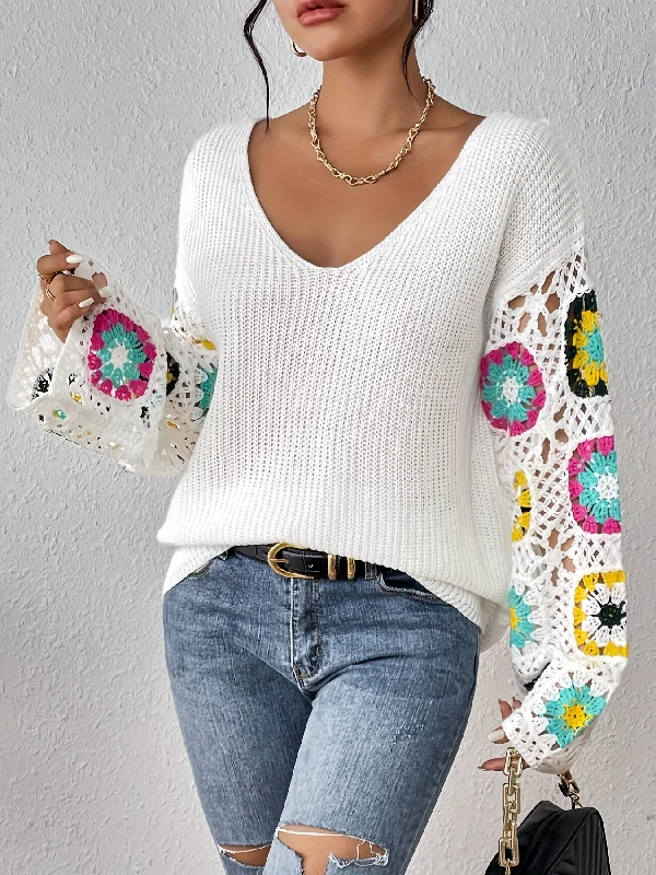 Sixsr Floral Pattern V Neck Knit Sweater, Casual Long Sleeve Pullover Sweater, Women's Clothing