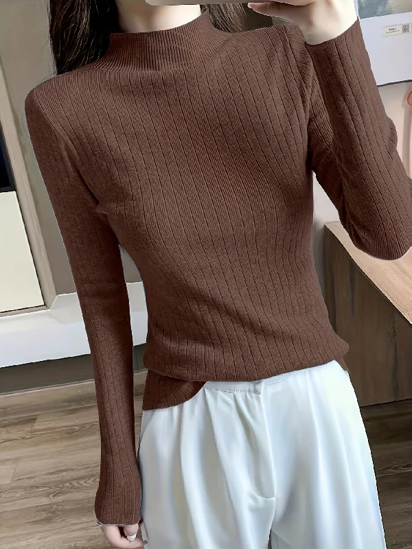 Sixsr Solid Mock Neck Sweater, Elegant Long Sleeve Pullover Sweater, Women's Clothing