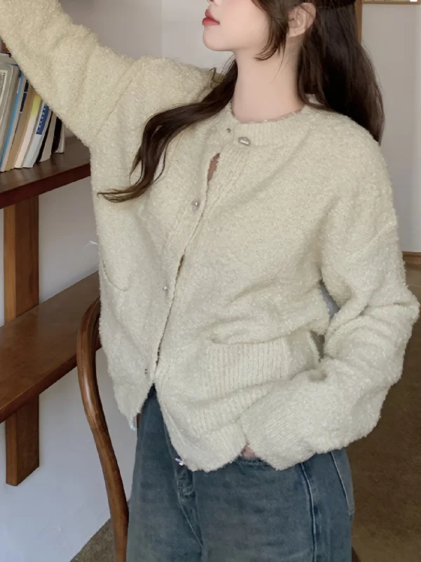 Sixsr Solid Button Up Knit Cardigan, Casual Long Sleeve Fuzzy Pocket Sweater, Women's Clothing