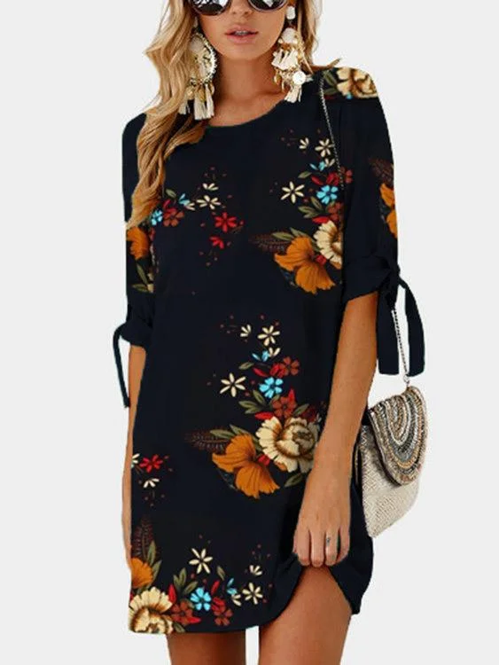 Wholesale Black Half Sleeve Round Neck Floral Print Self-Tie Mini Dresses