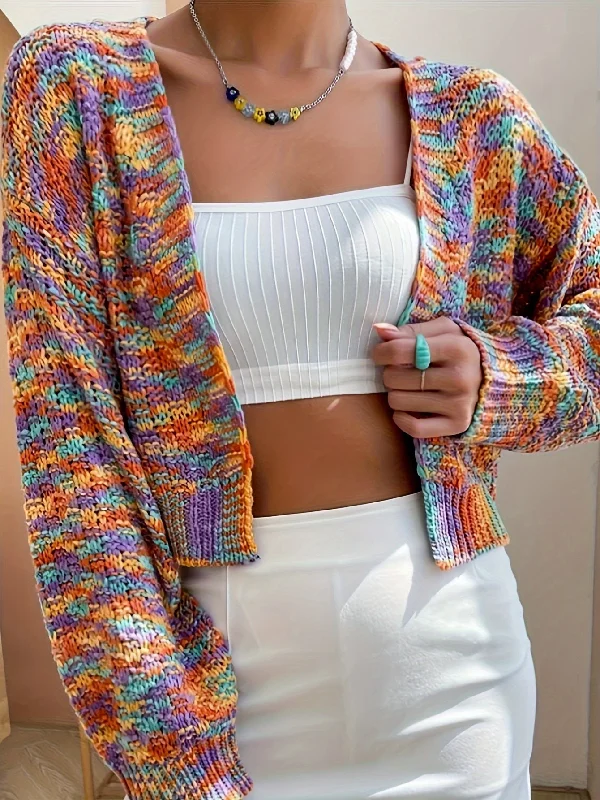 Sixsr Colorful Open Front Knit Cardigan, Causal Long Sleeve Loose Sweater, Women's Clothing