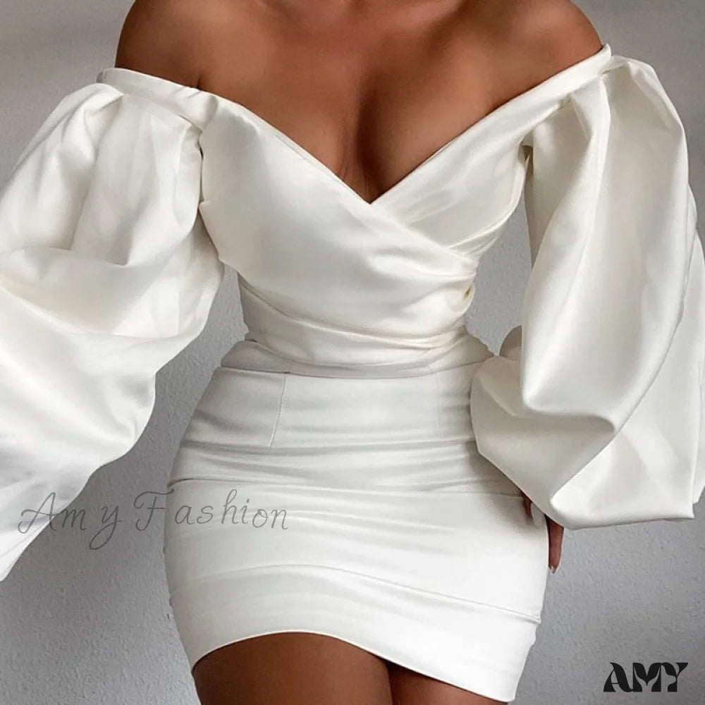 Amy Fashion - White Off Shoulder Puff Long Sleeve Satin Dress