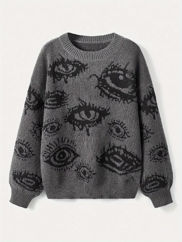 Sixsr Eye Pattern Crew Neck Sweater, Y2K Long Sleeve Pullover Sweater, Women's Clothing