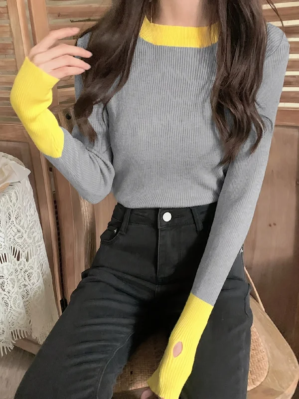 Sixsr Color Block Crew Neck Knitted Top, Casual Long Sleeve Slim Sweater, Women's Clothing