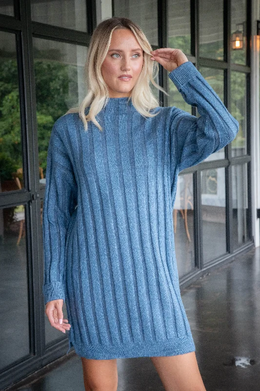 Margo Mock Neck Sweater Dress, Dusty Blue