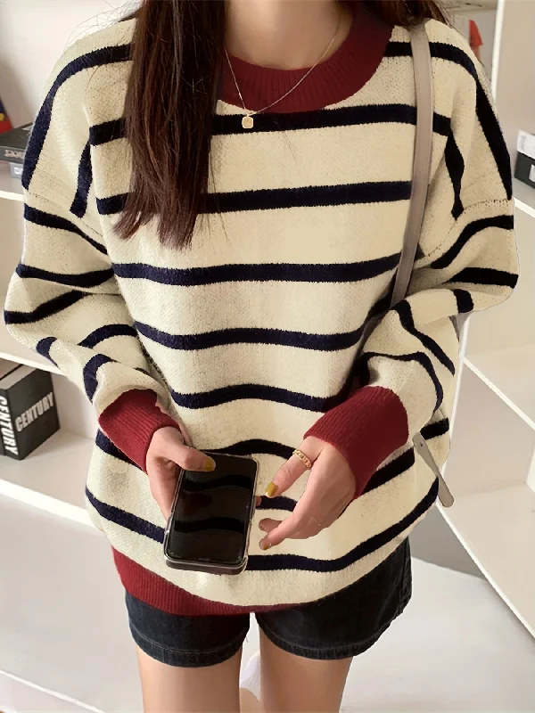 Sixsr Color Block Striped Pullover Sweater, Casual Long Sleeve Crew Neck Sweater For Fall & Winter, Women's Clothing