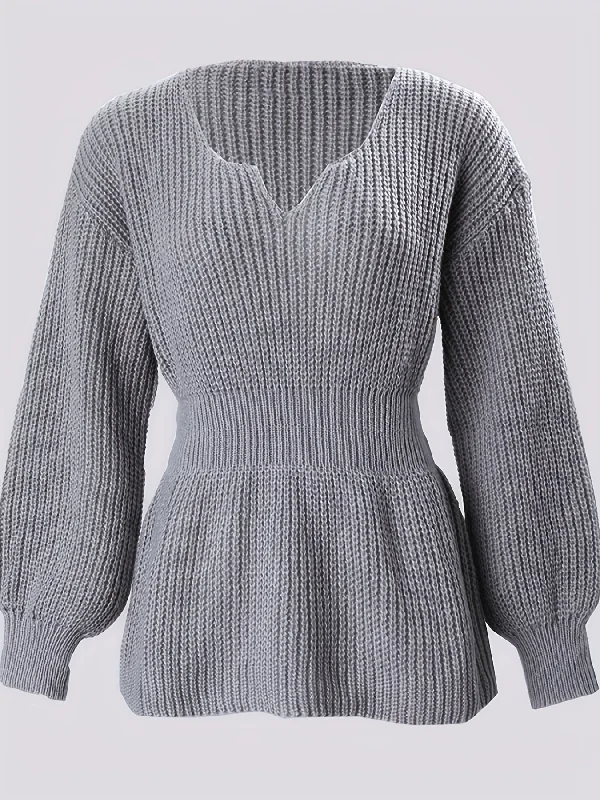 Sixsr Solid Notched Neck Knit Sweater, Elegant Cinched Waist Ruffle Long Sleeve Sweater, Women's Clothing