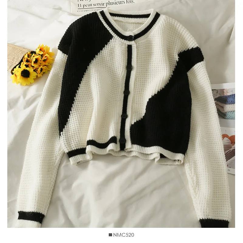 Korean contrast stitching short single breasted outer sweater  2045