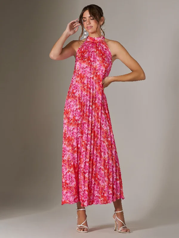 Halter Neck Pleated Maxi Dress, Pink Multi