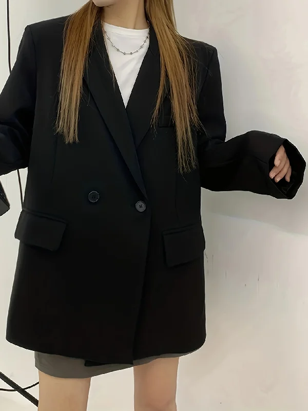 Sixsr Notched Collar Button Front Blazer, Elegant Long Sleeve Blazer For Office & Work, Women's Clothing