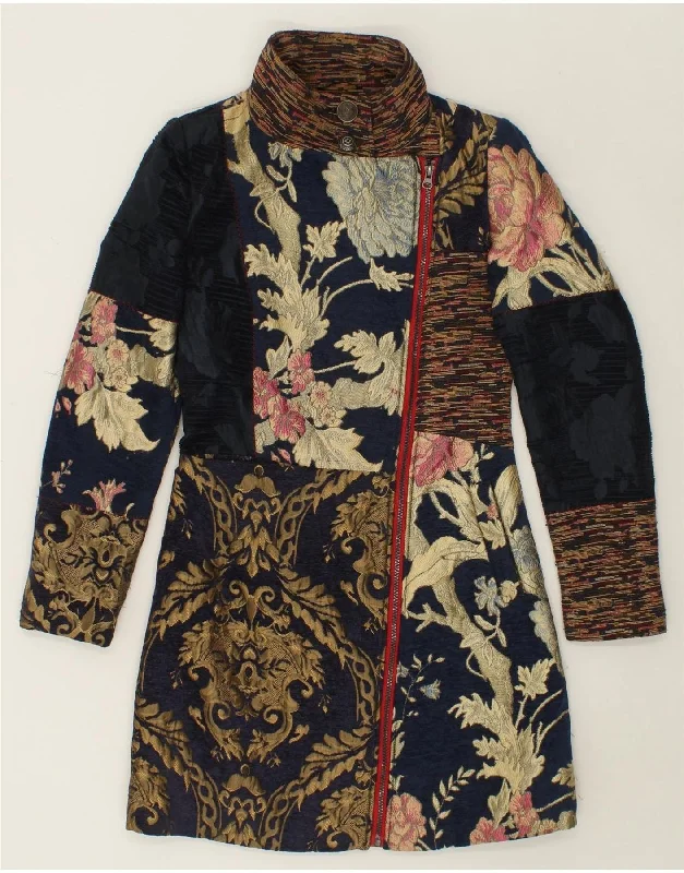 JOHN BANER Womens Overcoat UK 8 Small Navy Blue Floral Polyester