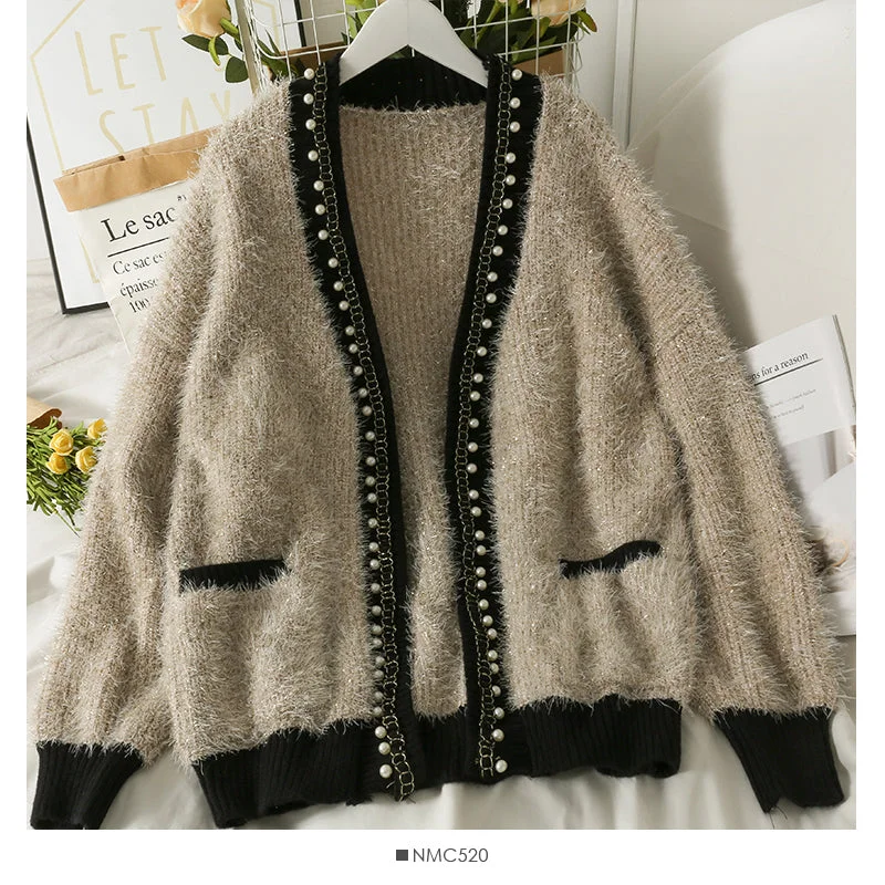 Hong Kong style retro nail bead medium long cardigan loose Long Sleeve Jacket Women  2042