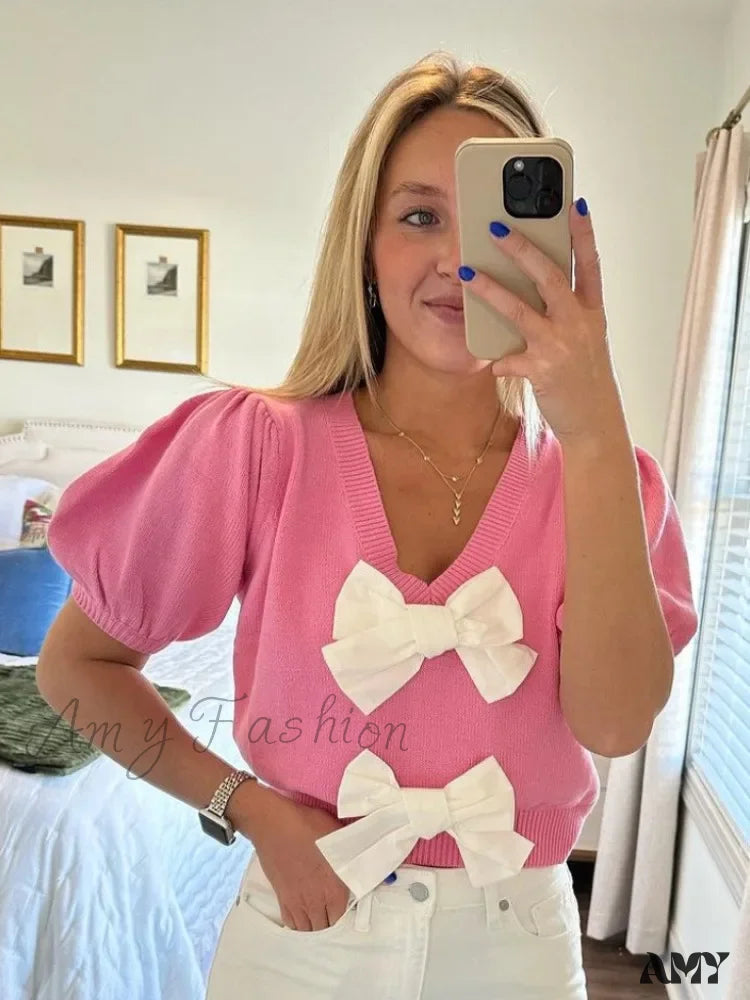 Pink Elegant Casual Solid Short Sleeve Fashion Bows V-Neck Sweater