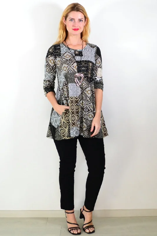 Brown Abstract Print Fleece Tunic Top