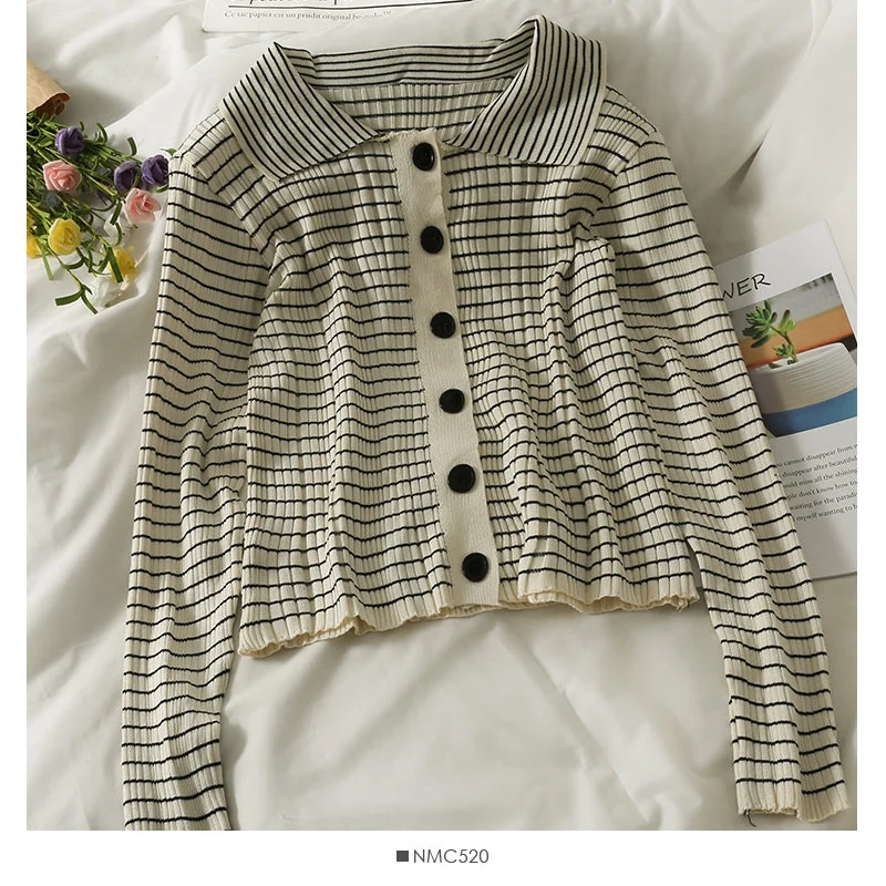 Korean vertical stripe Lapel long sleeve single breasted cardigan top  2043