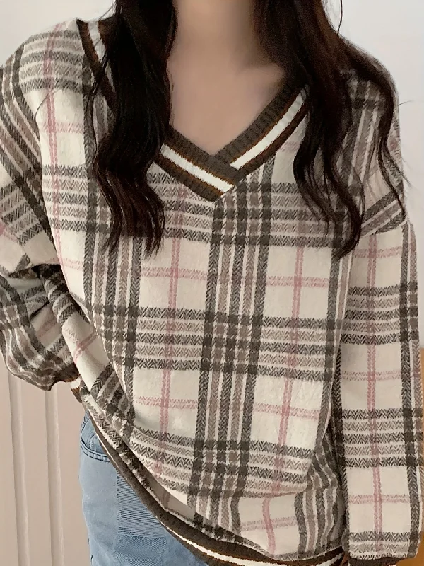 Sixsr Plaid V Neck Pullover Sweater, Casual Long Sleeve Loose Sweater For Fall & Winter, Women's Clothing