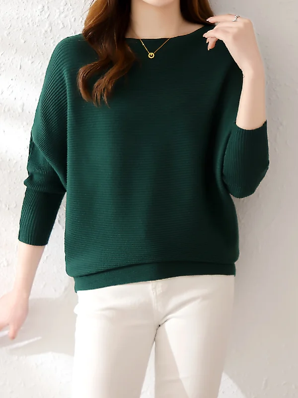 Sixsr Solid Batwing Sleeve Knit Sweater, Casual Boat Neck Sweater For Spring & Fall, Women's Clothing