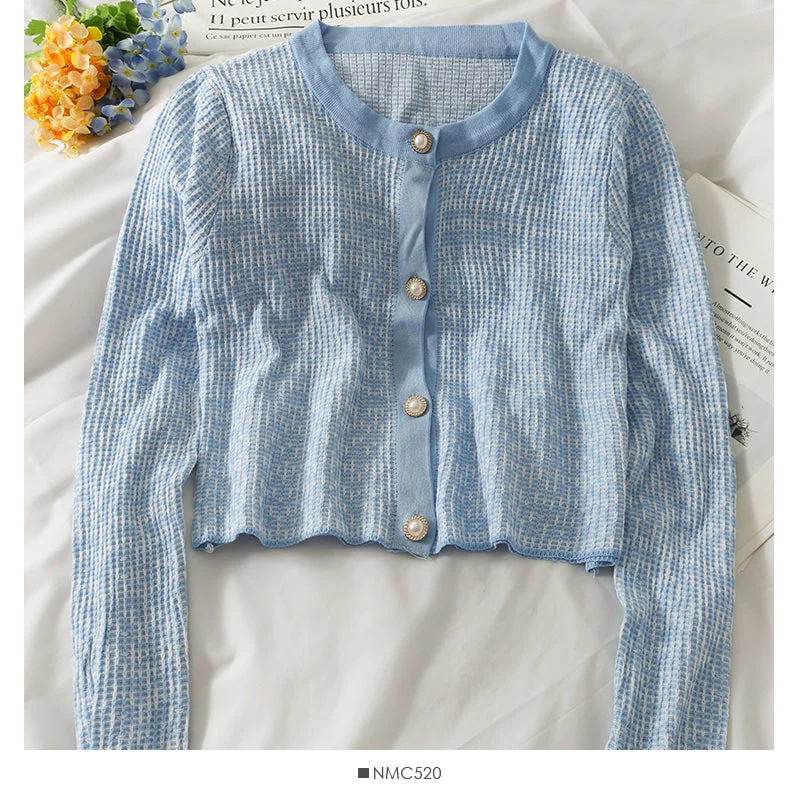 Korean Vintage round neck pearl single breasted plaid sweater  2030