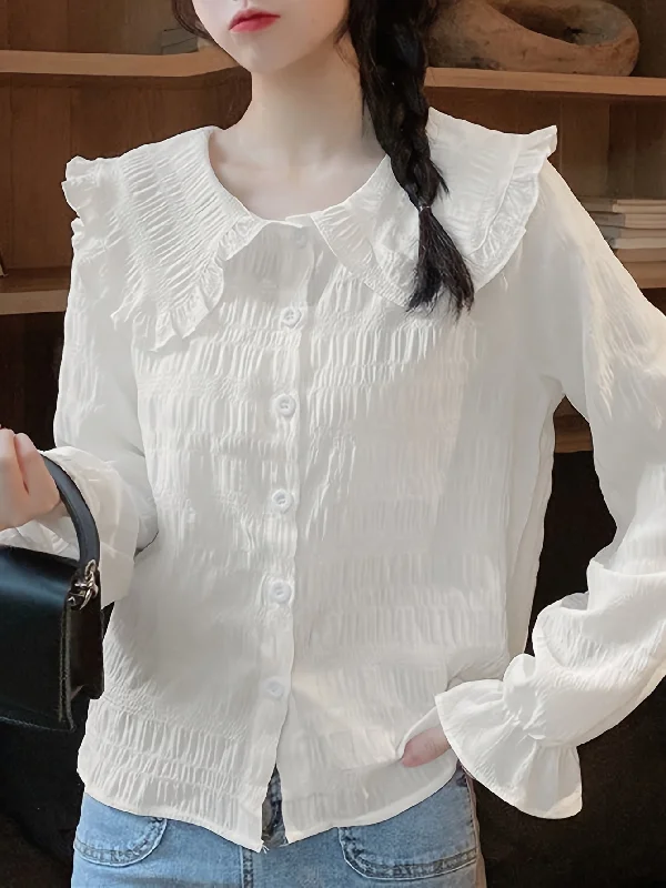 Sixsr Solid Textured Peter Pan Collar Blouse, Sweet Long Sleeve Button Front Blouse For Spring & Fall, Women's Clothing