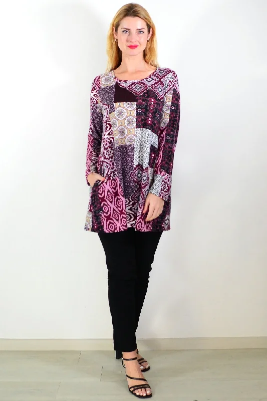 Pink Abstract Print Fleece Tunic Top