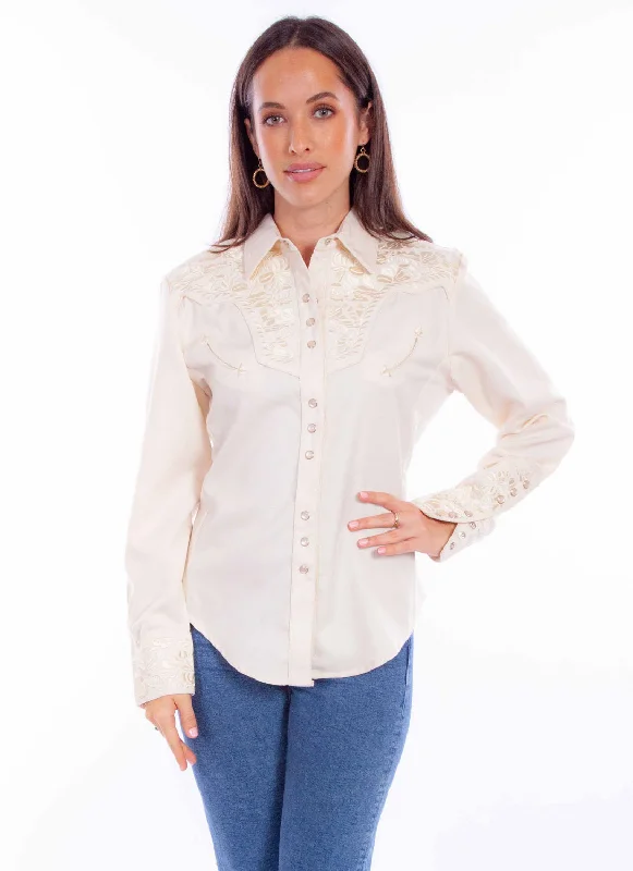 Scully Womens Embroidered Floral Ivory Poly/Rayon L/S Shirt XS