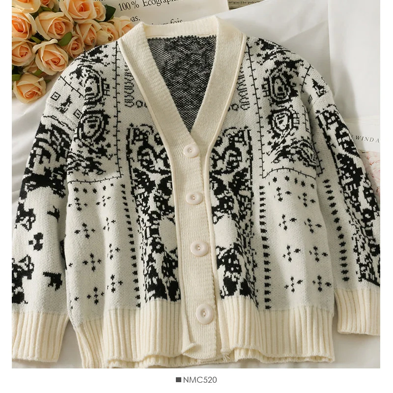 Vintage printed single breasted cardigan loose sweater women's new V-Neck long sleeve versatile sweater fashion  2031