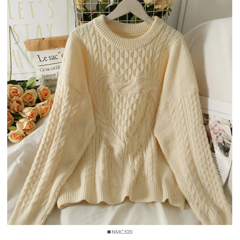 Korean version thin heart-shaped hemp pattern long sleeve Pullover Sweater female  2020