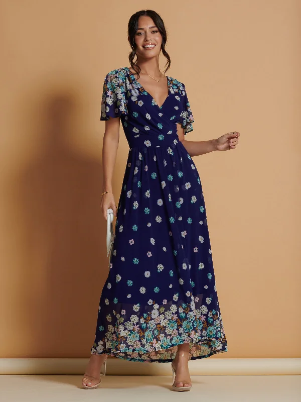 Mirrored Angel Sleeve Mesh Maxi Dress, Blue Floral