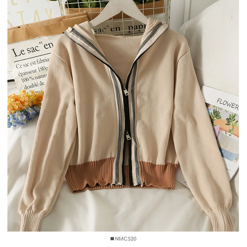 Hooded sweater women's stripe loose slim zipper sweater  2014