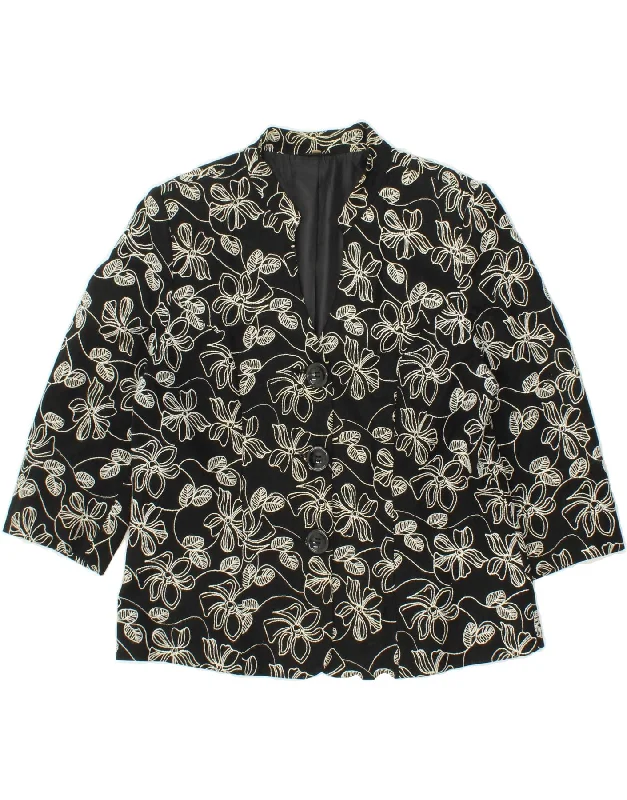 EWM Womens 3 Button 3/4 Sleeve Blazer Jacket UK 14 Medium  Black Floral