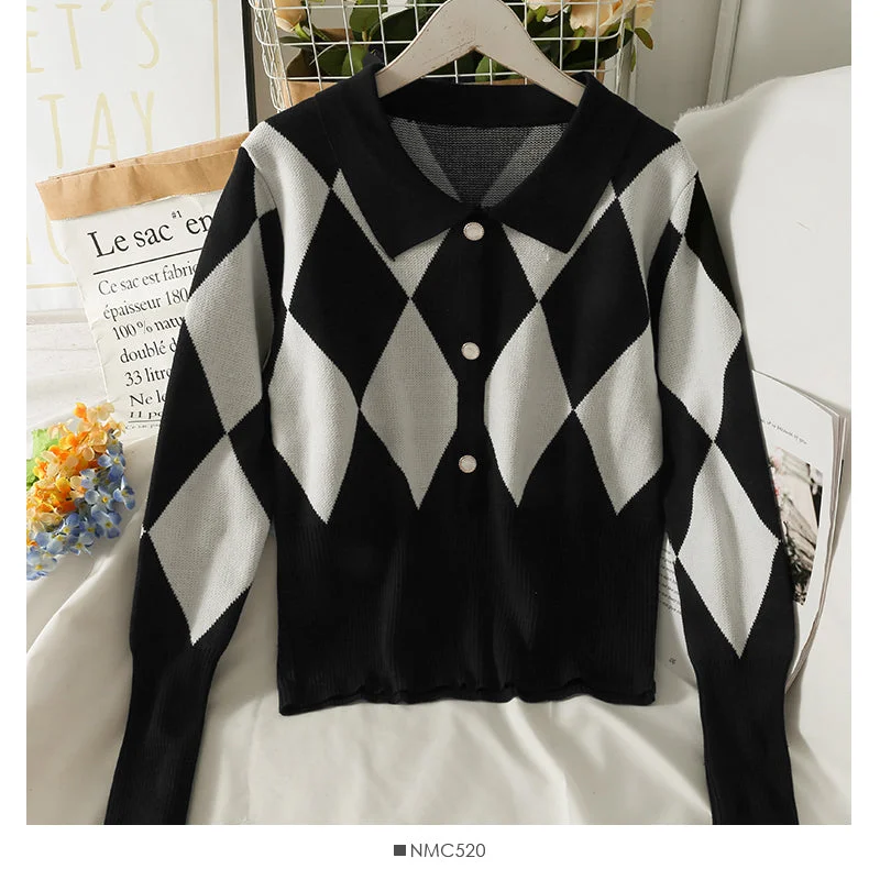 Autumn Vintage color blocking diamond Plaid Lapel long sleeve knitted Pullover Sweater  2024