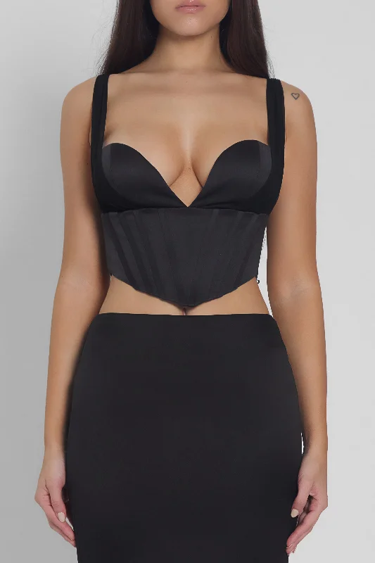 Siren Satin Corset Trendy Crop Top - Black